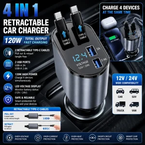 4-in-1 120W Retractable Car Charger