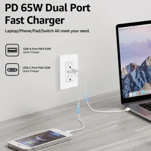 65W GaN USB-C & USB-A Wall Charger Outlet - Thumbnail Image 4