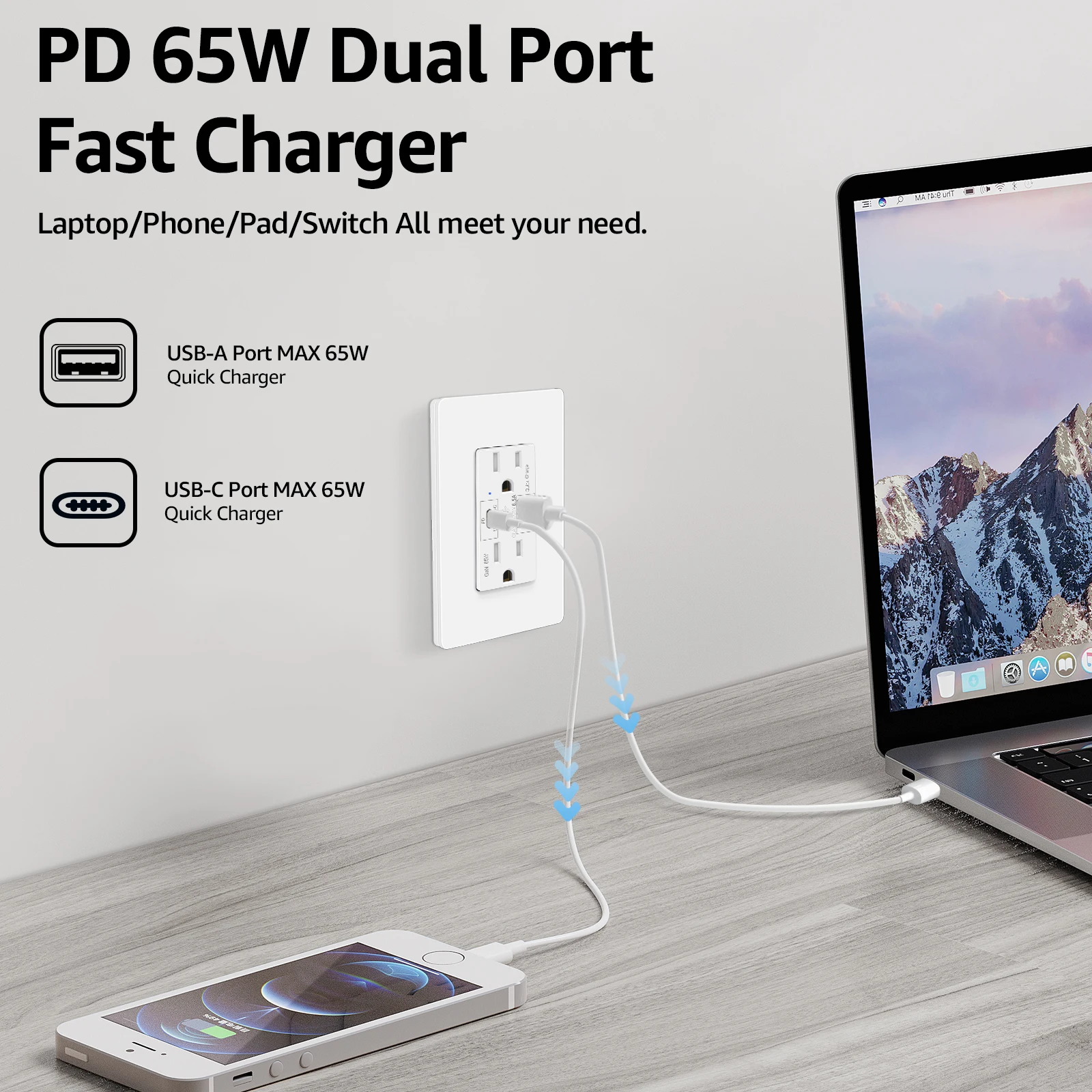 65W GaN USB-C & USB-A Wall Charger Outlet - Image 4