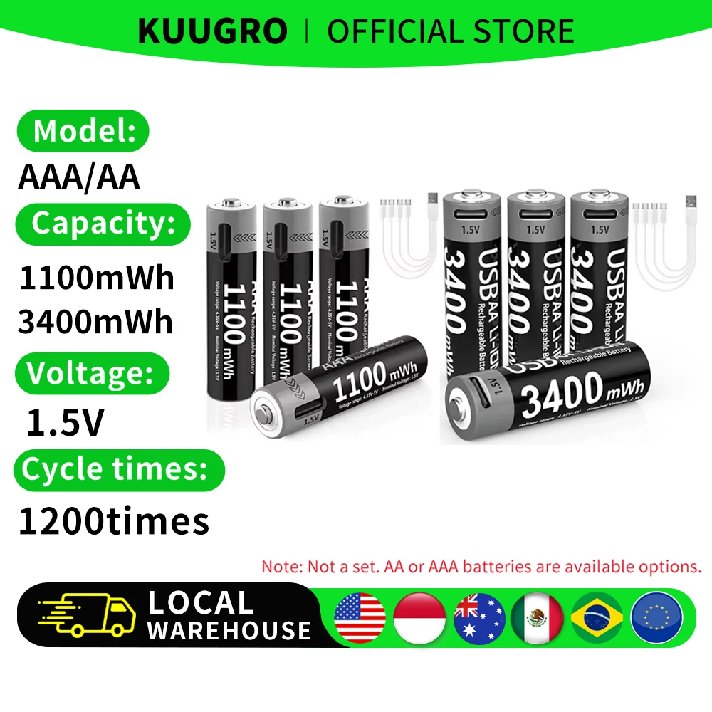 Kuugro USB-C Rechargeable AA & AAA Batteries - Image 1